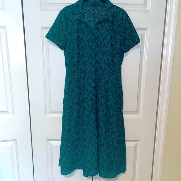 Ann Taylor Women's Floral Eyelet Flare Shirt Dress Size 10 Deep Teal Iris - Picture 1 of 10